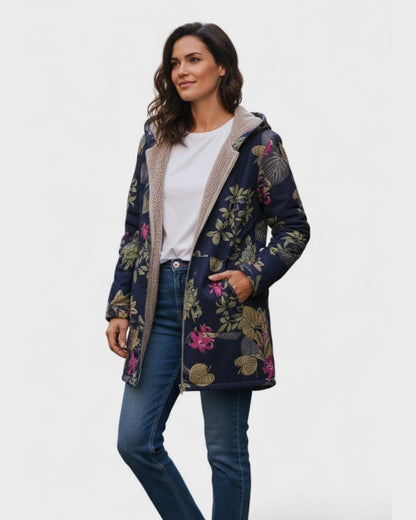 Aurora | Marineblå Have Blomster Plush Frakke